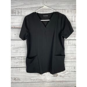 Mandala Black Vneck Scrub Top Small Pockets Stretch Nurse Medical Classic Solid